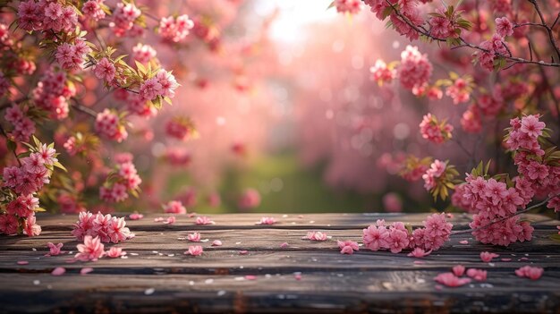 나무 테이블 위 의 봄 꽃