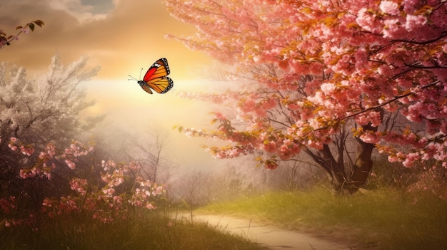 Spring blossoms landscape with butterfly