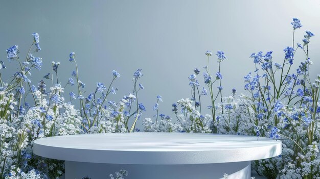 Photo spring blue flowers landscape scene on a natural beauty podium backdrop 3d rendering