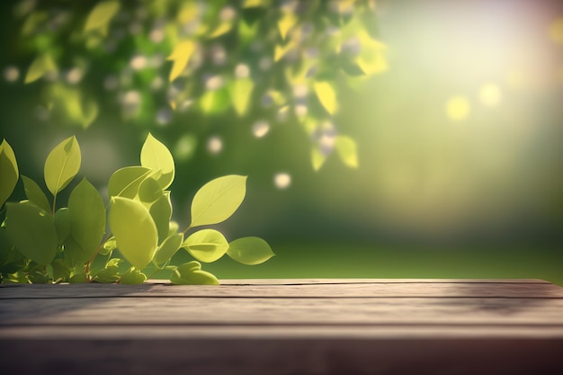 Spring Bokeh Background with Woden table Ai generative