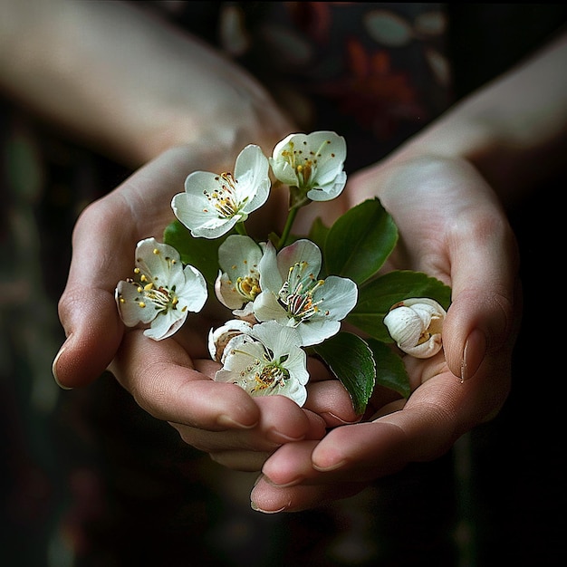 Photo spring bond hands that appreciate the beauty and fragility of nature