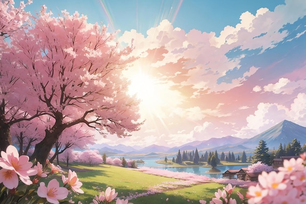 ピンクの花がく春の境界や背景の芸術 く木と太陽のフレアの美しい自然景色