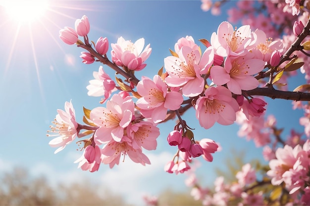 Spring border or background art with pink blossom beautiful nature scene with blooming tree and sun flare