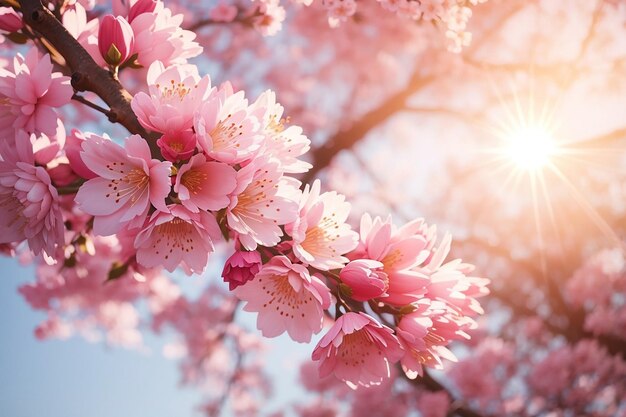 Photo spring border or background art with pink blossombeautiful nature scene with blooming tree and sun flare easter sunny day spring flowersblooming tree at sunset