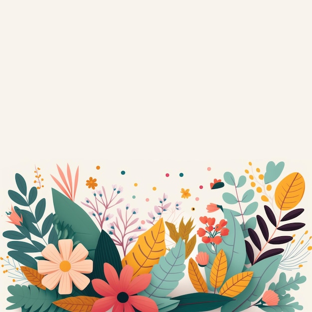 Spring botanical flat illustration white background Banner or floral backdrop decorated multicolored blooming flowers and leaves border