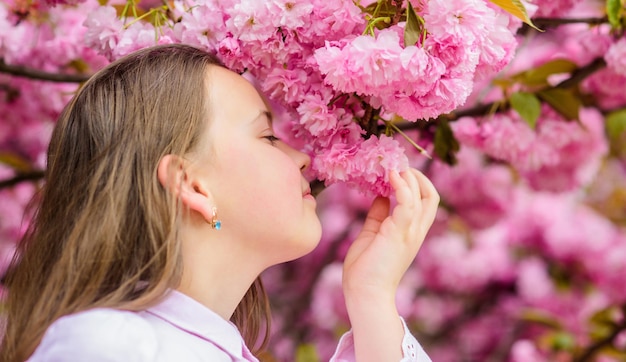 Spring in botany garden. That is how spring smells. Tender bloom. Little girl enjoy spring. Kid on pink flowers of sakura tree background. Kid enjoying cherry blossom sakura. Happy spring vacation.