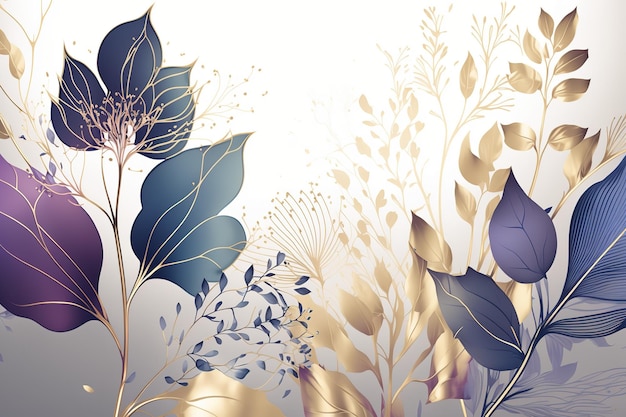 Spring bouquet of flowers with blue and gold leaves Beautiful minimalist print for your decor for postcard congratulations and poster Generative AI