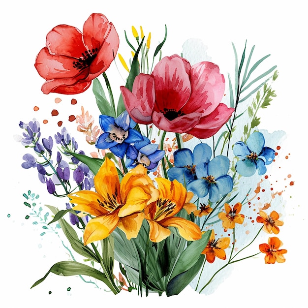 spring bouquet in hands watercolor naive style on white background