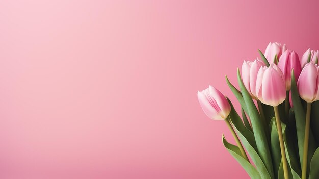 Photo spring bouquet of pink tulips on an isolated pink background with copyspace pastel colors