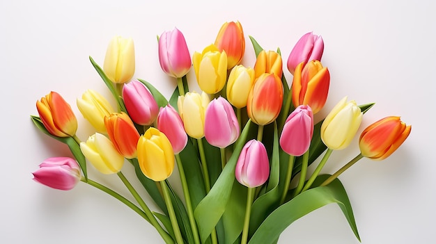 Spring bouquet of yellow tulips on an isolated white background with copyspace pastel colors