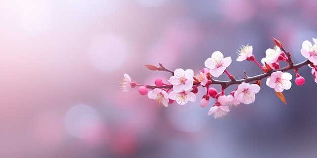 spring branch of blossoming cherry over blurred background with copy space