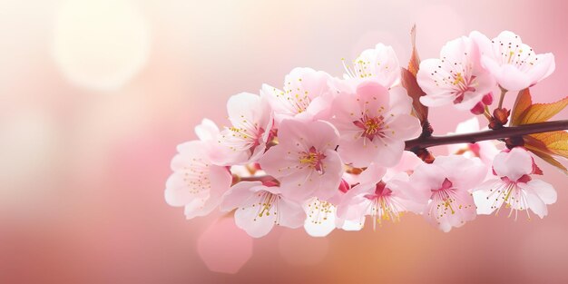 spring branch of blossoming cherry over blurred background with copy space