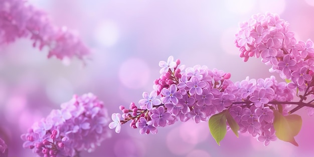 spring branch of blossoming lilac over blurred background banner with copy space