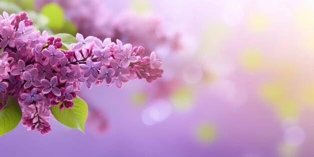 Spring branch of blossoming lilac over blurred background banner with copy space