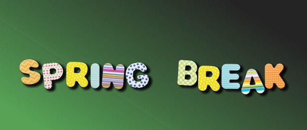 Spring break Text with colorful letters on green color background