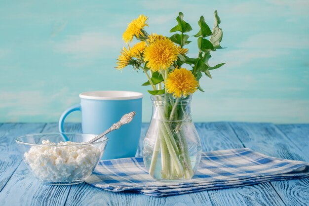 Spring breakfast with dandelion flowers