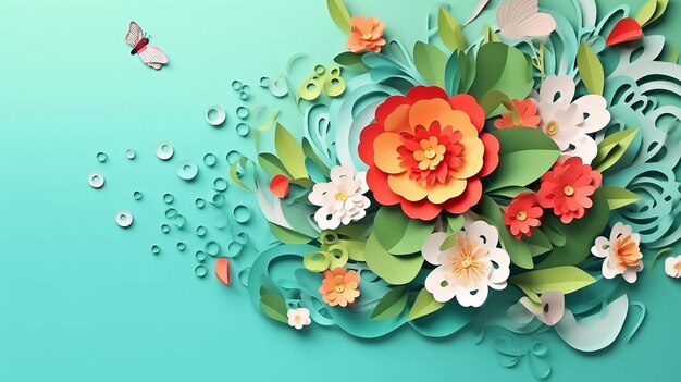 Spring calligraphy on water splash background with paper cut style in green background generative ai