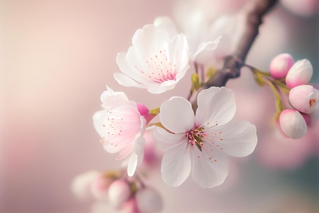 Spring cherry blossom against pastel pink and white background Shallow depth of field dreamy effect