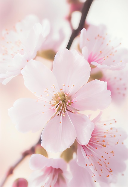 Spring cherry blossom against pastel pink and white background Shallow depth of field dreamy effect