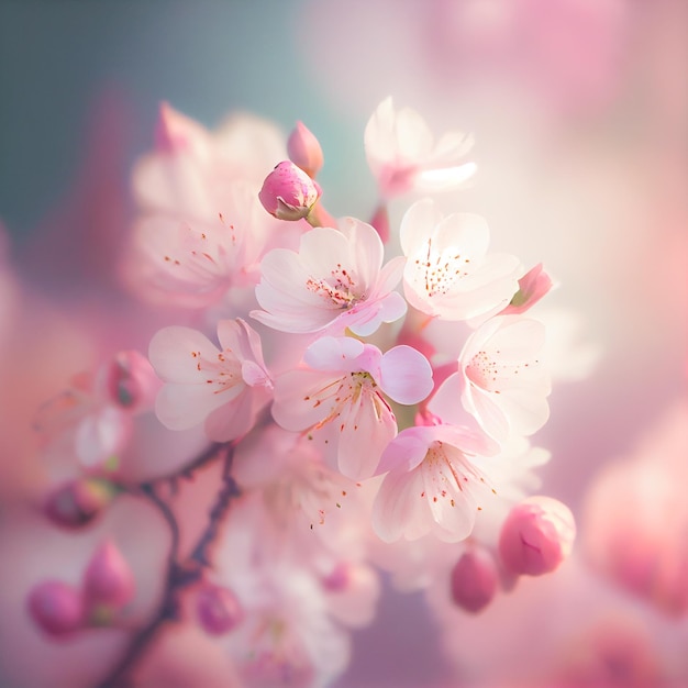 Spring cherry blossom against pastel pink and white background Shallow depth of field dreamy effect