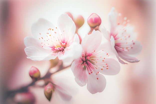 パステル ピンクと白の背景に春の桜 浅い被写界深度の夢のような効果