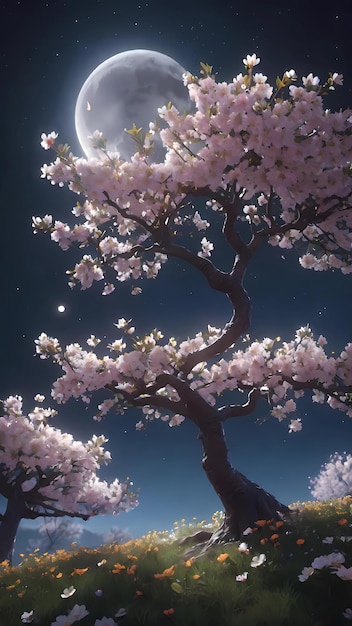 Photo spring cherry blossom with moon in the background