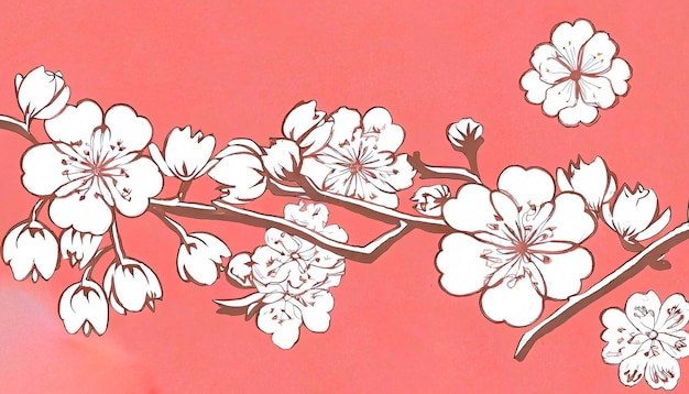 the of a spring cherry blossoms in a japanese lino cut style