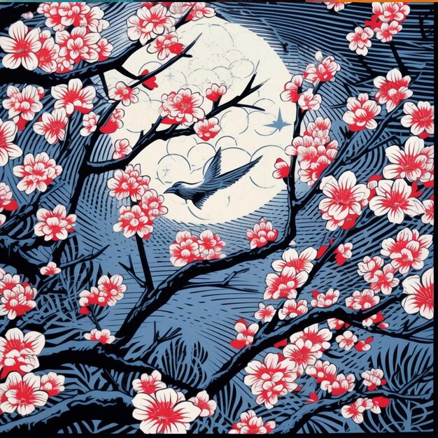 Spring cherry blossoms in a japanese lino cut style