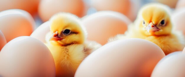 Photo spring chickens in a field with flowers small yellow easter chicks