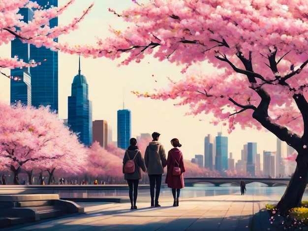 春の都市風景と桜の花をかせた人々