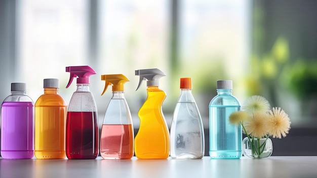 Spring Clean Essentials Closeup of cleaning bottles for different surfaces emphasizing the importance of spring cleanup