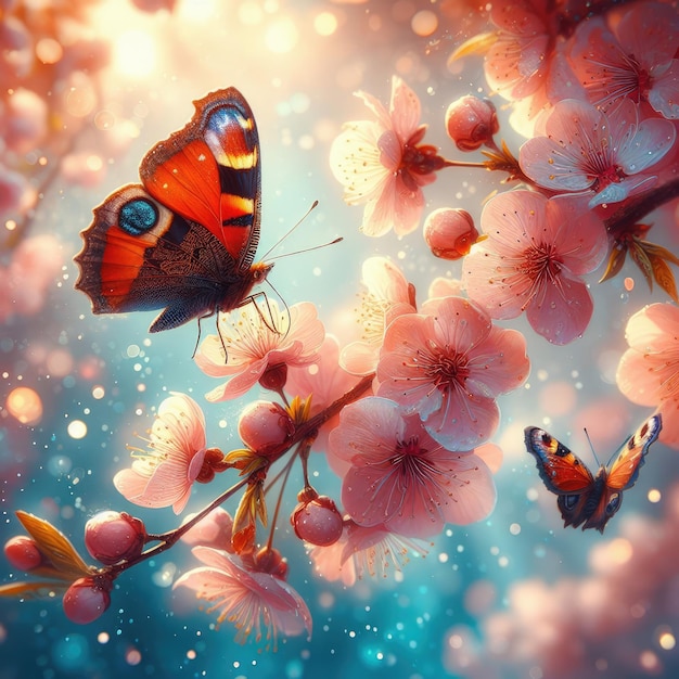 Весенний ясный солнечный день Бабочка приземляется на цветущую вишневую ветвь