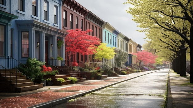Foto primavera una strada colorata di mattoni fiancheggiata da case a fila paesaggi di atmosfera nebbiosa scene di strada tradizionali sculture in legno colorate colori delicati