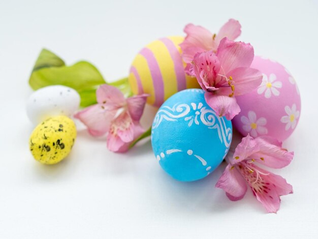 Spring composition easter decoration eggs flowers