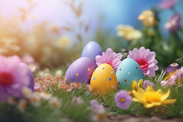 Весенняя композиция с пасхальными яйцами и цветами на размытом фоне