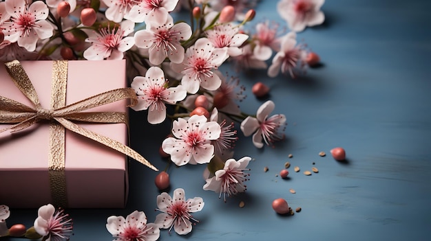 Весенняя композиция с розовыми цветами и подарочной коробкой на синем столе.