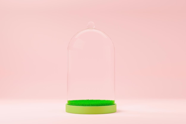 Spring concept glass dome with green grass inside 3d rendering