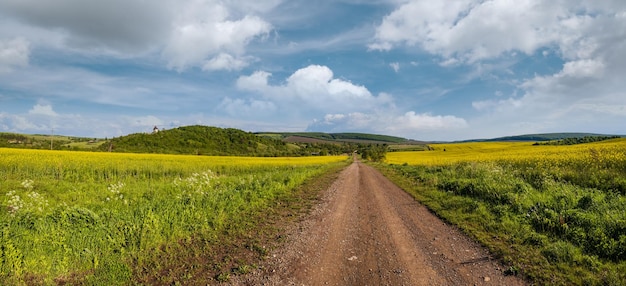 Foto vista della campagna primaverile con strada sporca colza gialla campi fiorenti colline villaggio ucraina regione di lviv