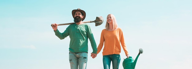 Spring couple in love banner couple of farmers walking outdoor