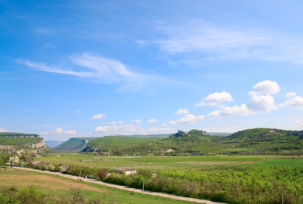 Spring Crimea Mountain country landscape with valley and village(Ukraine).