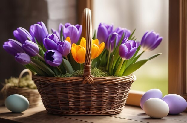 Photo spring crocus flowers backet mothers day valentines easter modern interrior countryhouse wooden tabl