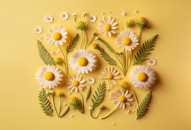 Spring daisy flowers on a yellow background flay lay design Generative ai