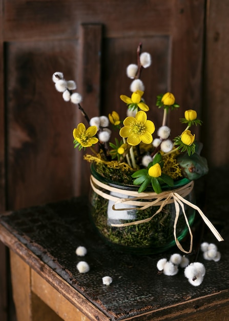 Весеннее украшение из желтых зимних цветов аконита в стеклянной банке с ивовыми сережками.