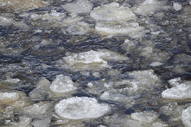 Весенний грязный лед на поверхности воды