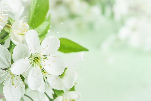 Spring Easter background Passover blooming white apple or cherry blossom on green background Happy Passover background World environment day Easter Birthday womens day holiday Top view Mock up