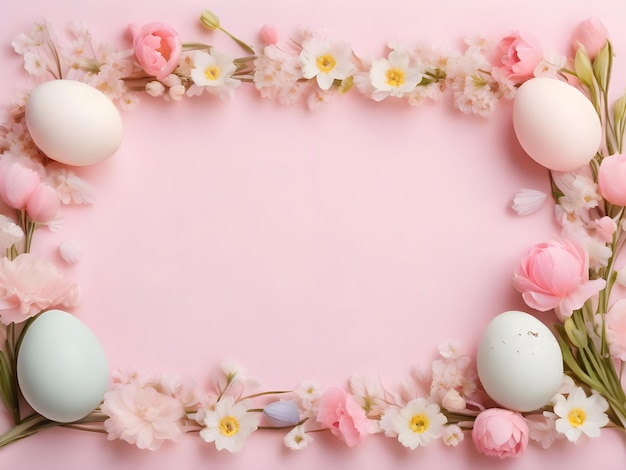 Spring Easter background with multicolored eggs and spring flowers Top view flat lay background