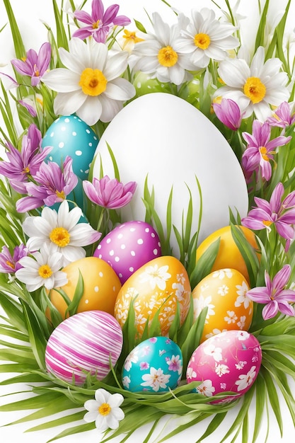 Photo spring easter holiday background with eggs and spring flowers greeting card background