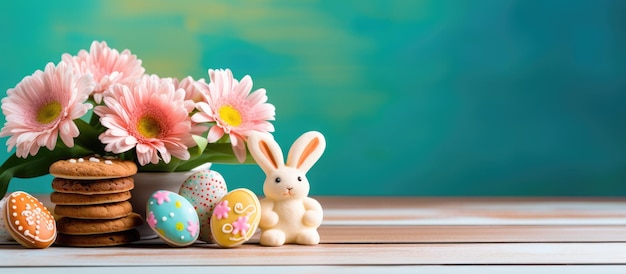 Spring easter table decor with gingerbread bunny cookie on vibrant backdrop text space available