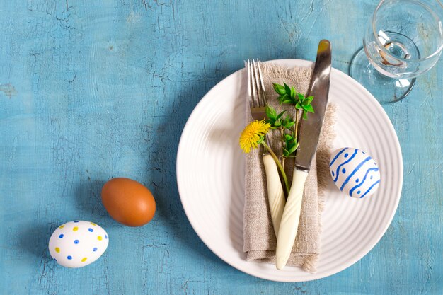 Spring Easter Table setting on a wooden table