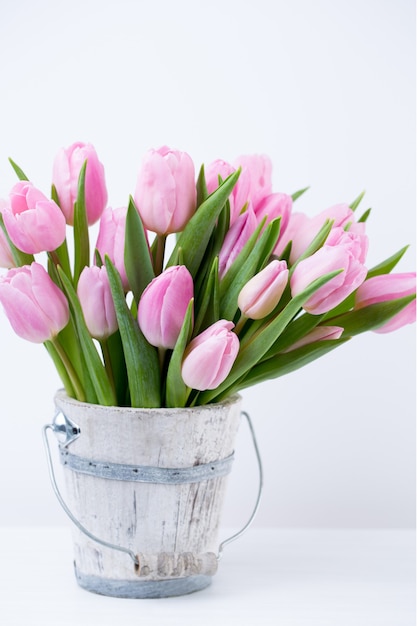 Spring easter tulips in bucket on white vintage wall.